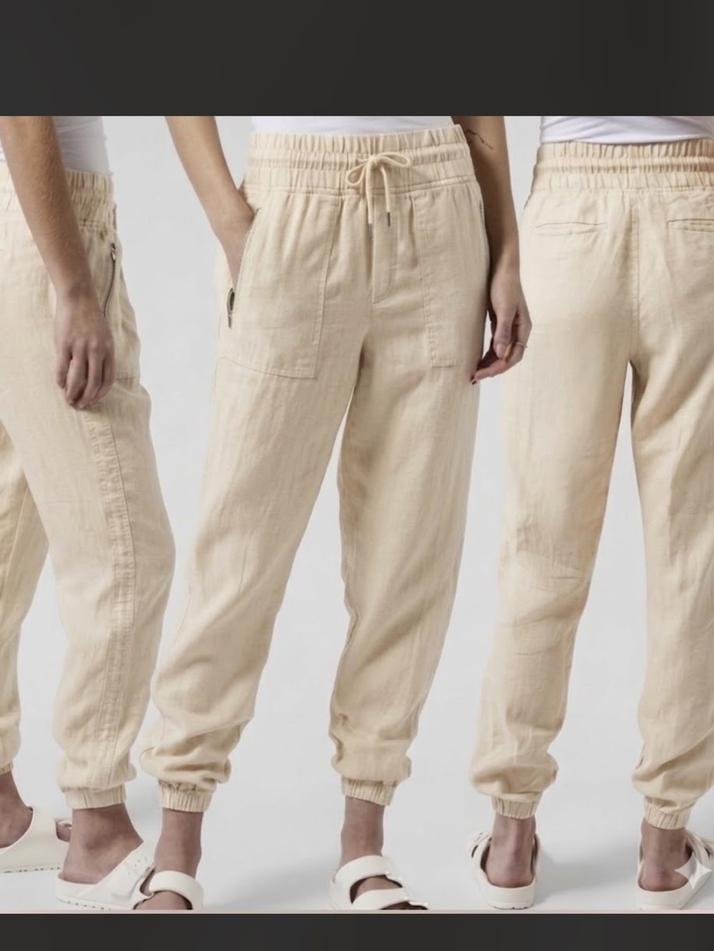 Athleta 100% Linen Light Beige lightweight Drawstring Joggers Sz Small - Picture 3 of 12
